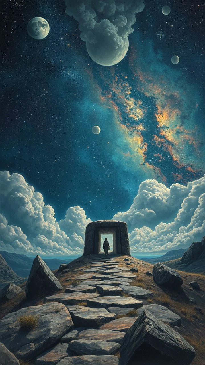 A journey Back in stone age through a Time Machine in the parallel universe among the galaxies and the stars a big clouds of gas covering the sky from a distance Busch painting style nightmare
