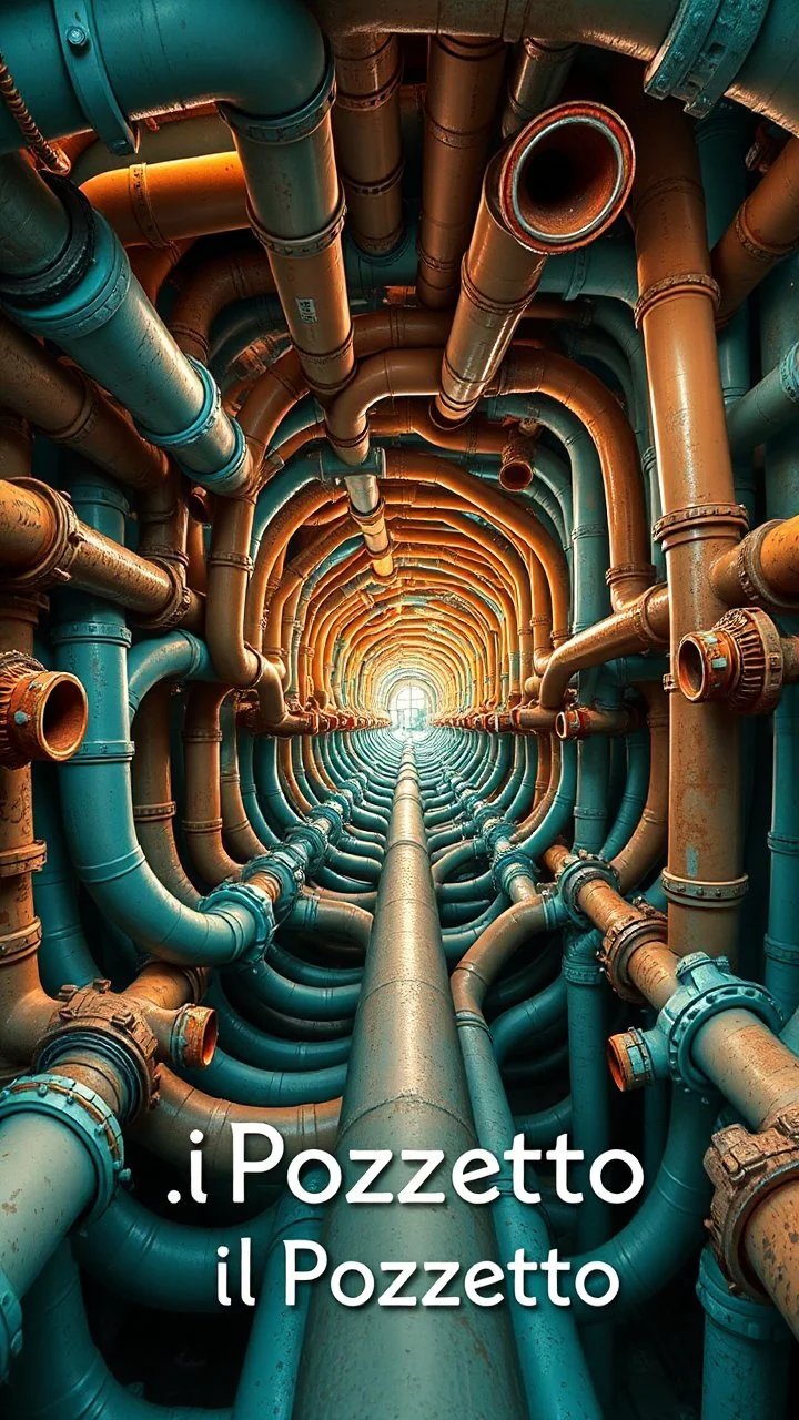 a complex tangle of pipes, joints, vortices of pipes, taps, drain pipes, like a kaleidoscopic tunnel and a text saying "il Pozzetto"