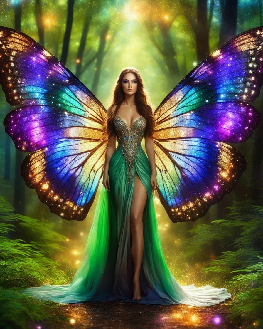 Gorgeous Photography Realistic Natural Beautiful butterfly woman straddle wings with gown shiny brown flowing hair, glitter colorful butterfly wings, lovely glowing green eyes, surrounded by magical colorful forest and flickering lights, digital photography, kaleidoscope, vibrant colors, vivid colors, colorful,she wak in magic forest full sparkling light