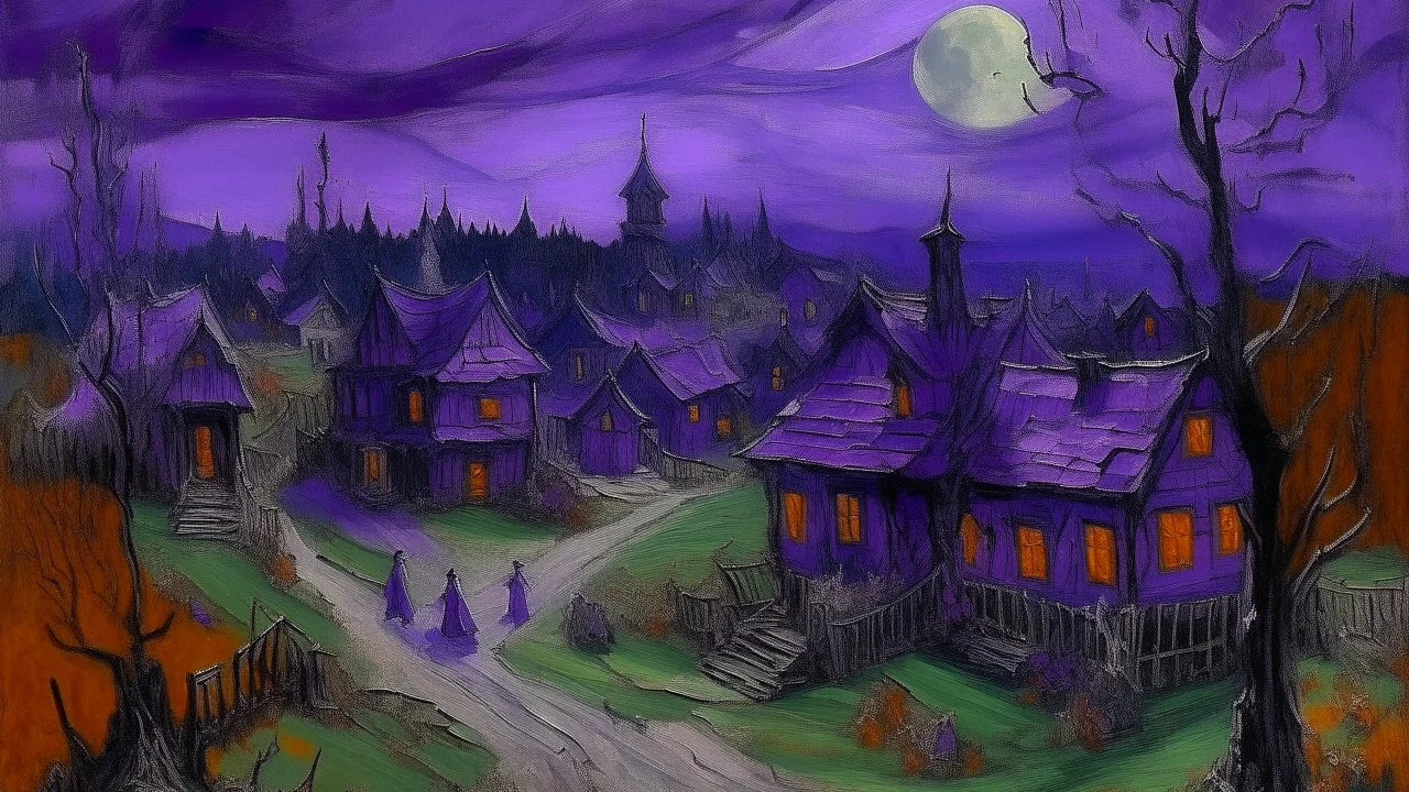 A purple spooky village painted by Claude Monet