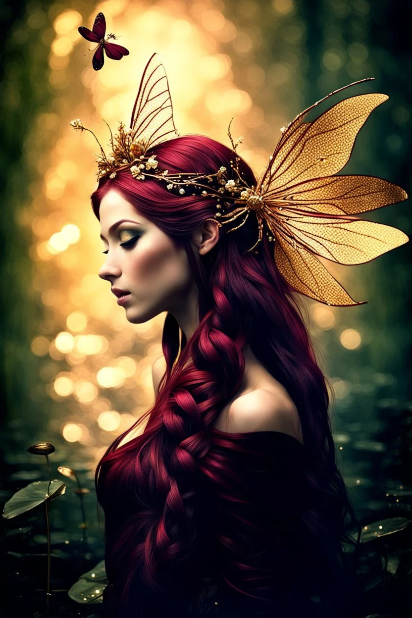 Burgundy dark red gold hair,very long hair, dark gold,gold,rapunzel hair,dark fairy princess,elven crown,dragonflies,fireflies,night,water lilies, orchids,jasmine flowers,glitter,sparkle,flowers,copper,bronze