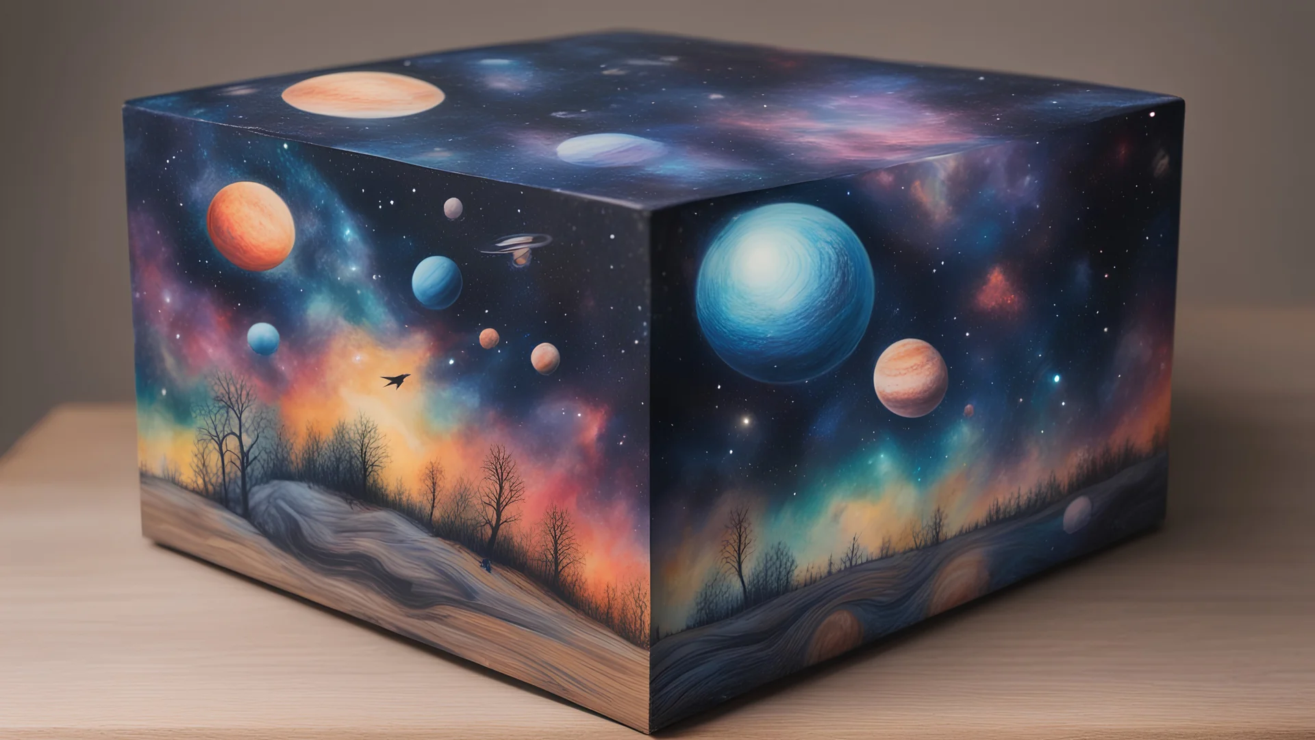 a box 10 cm long by 5 cm wide and 25 cm high, drawn on a box on all sides, space, tress, planets, crow galaxies a lot of colours, very realistic