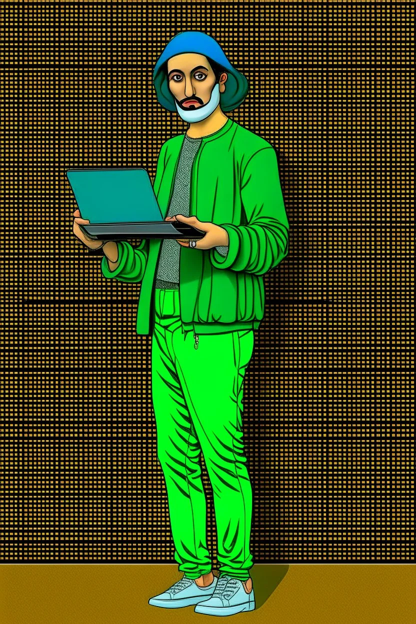 Modern guy, 20s, holding "laptop" in left hand, looks like a renaissance painting, walking forward, full body, "persian green", "right hand pointing down". "Front facing" "forward view"