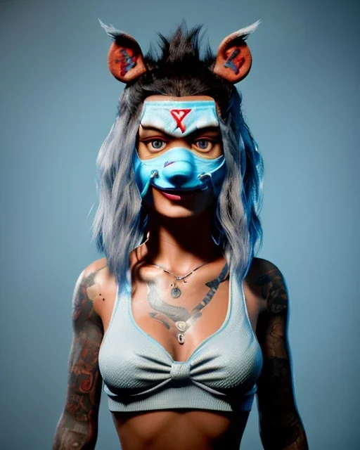 hybrid character, waitress sexy woman with monster muppet mask that covers her entire head, silver punk, short shirt, tray, yakuza tattoo, retro style, Sesame Street style, hot, smooth, unreal engine 5, god lights, ray tracing, RTX, lumen lighting, ultra detail, volumetric lighting, 3d.