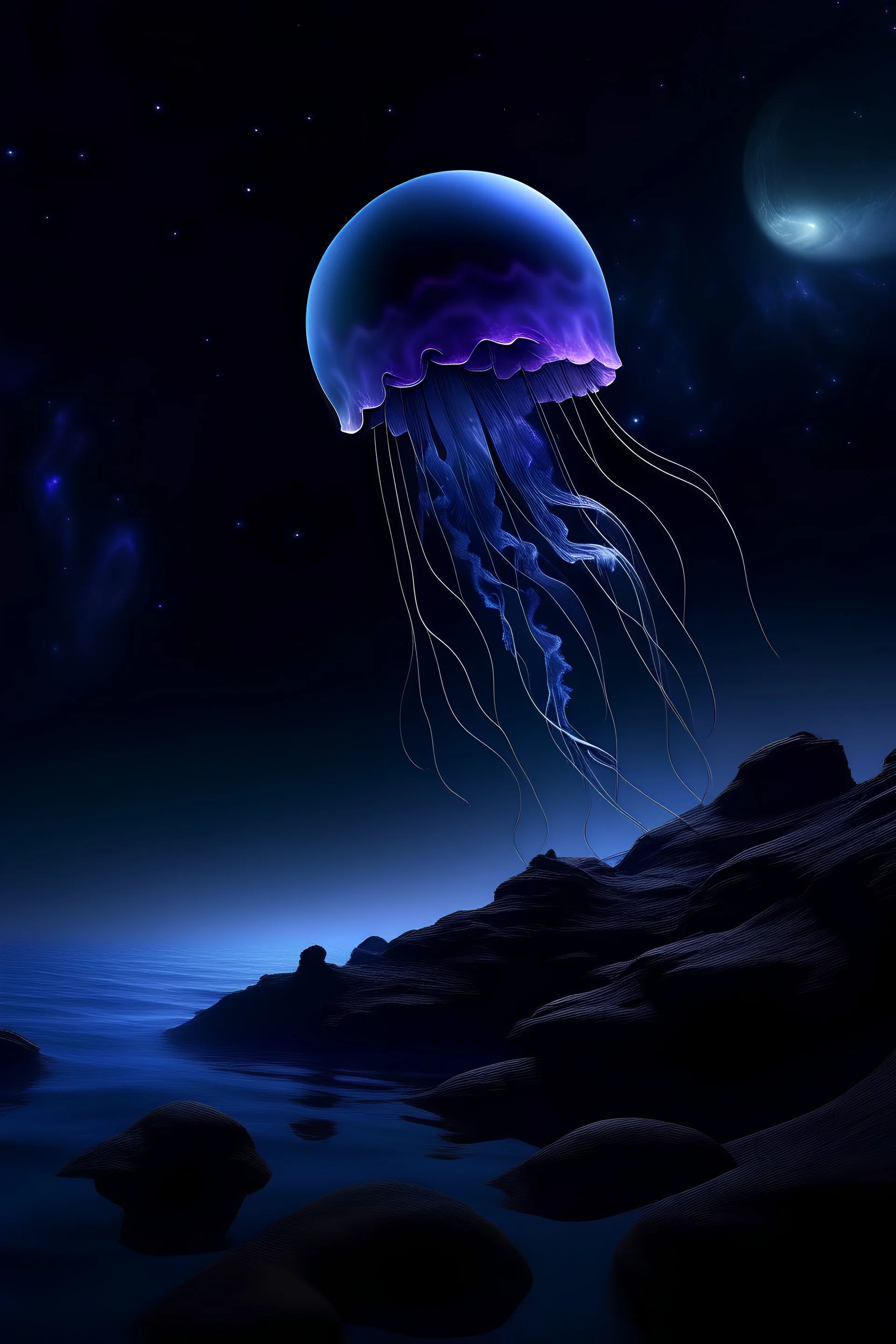 Blue beam from black mountain shoots straight at and cracks open the moon revealing a jellyfish in purple plasma