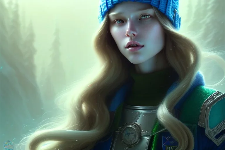 girl, cute, beautiful, long hair, wavy hair, green hair, blue eyes, blue beanie, blue coat, black tee shirt, head and shoulders portrait, 8k resolution concept art portrait by Greg Rutkowski, Artgerm, WLOP, Alphonse Mucha dynamic lighting hyperdetailed intricately detailed