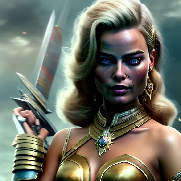 only margot robbie, fly hair, mist around, highly realistic, highly detailed, warrior armor, mist around, smoke