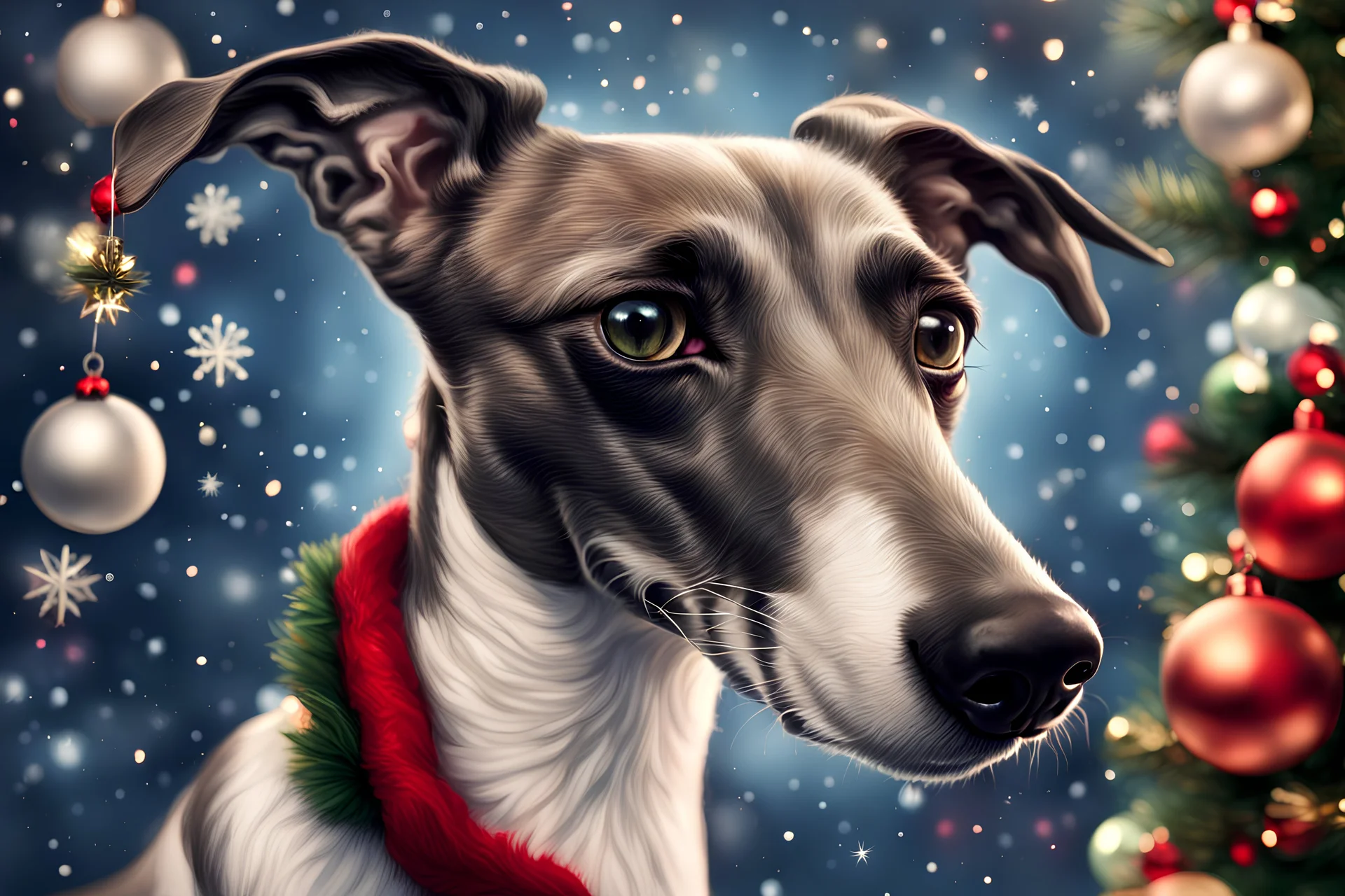 Imagine/ greyhound dog, Christmas card,Hyper-detailed ,8k, by xanuth