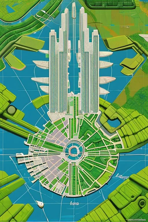 high detail map of an entire tropical dystopian small capital city