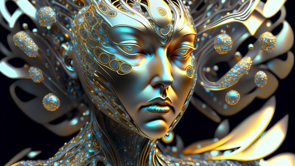 figure of a woman, art from the "art of control" collection by Jasper Harvey, in the style of futuristic optics, silver and gold, flower, bird, detailed facial features, swirling vortices, glowing, 8k 3d, bizarre cyborgs, made of crystals, high detail, high resolution, 8K