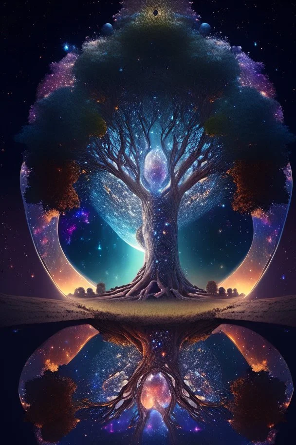 Cosmic Mirror Tree, A Spiritual Nexus Bridging Heaven, Earth, and the Universe, 4k, high resolution