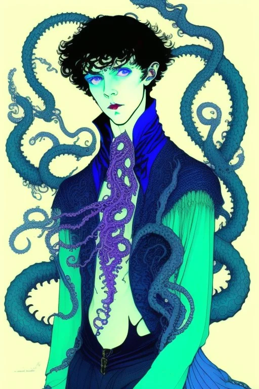 16 year old boy warlock with milky blue eyes, and 1lamprey tentacle coming out of his belly in the style of Harry Clarke