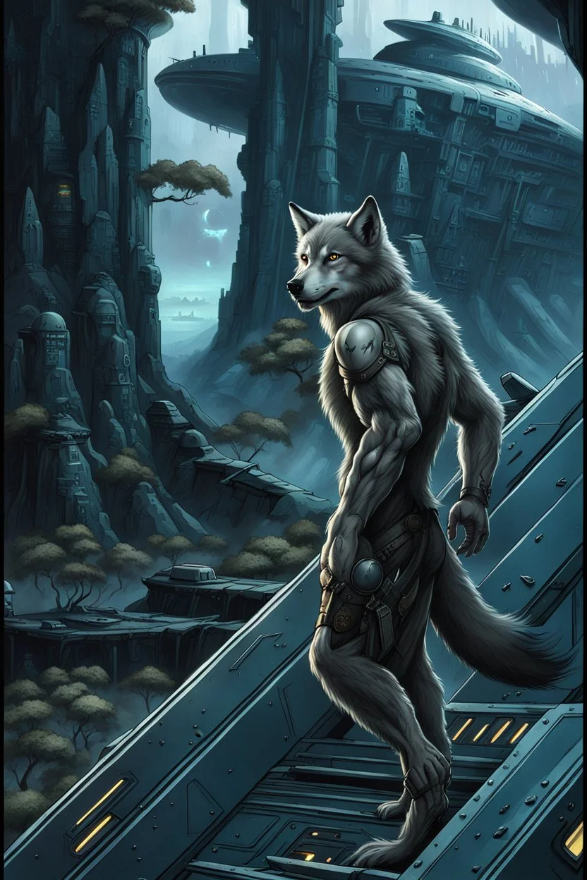 front an anthropomorphic wolf-man standing on spaceship's ramp on alien land and looking at the camera, around big white-blue fog and the spaceship's ruins . His gaze is directed towards the rain-soaked landscape, which is filled with towering trees with massive trunks. In background back him the spaceship and big fog. The atmosphere is a seamless blend of sci-fi and dark fantasy mood