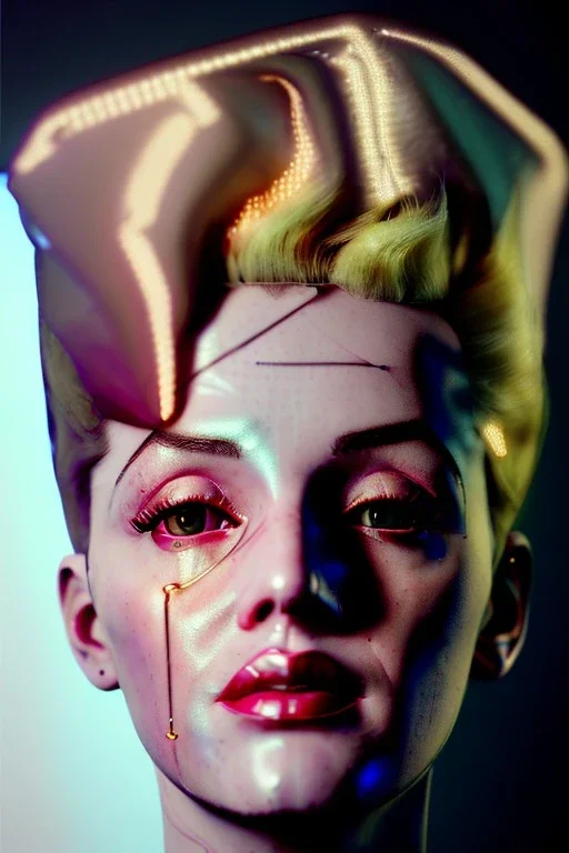 Ultra Realistic image, portrait, blonde woman, sweet Marylin Monroe face, perfect iris, glow eyes, gold makeup, wires attached to head. Cyberpunk style, latex coat, fog, rain, soft color, highly detailed, unreal engine 5, ray tracing, RTX, lumen lighting, ultra detail, volumetric lighting, 3d, finely drawn, high definition, high resolution.