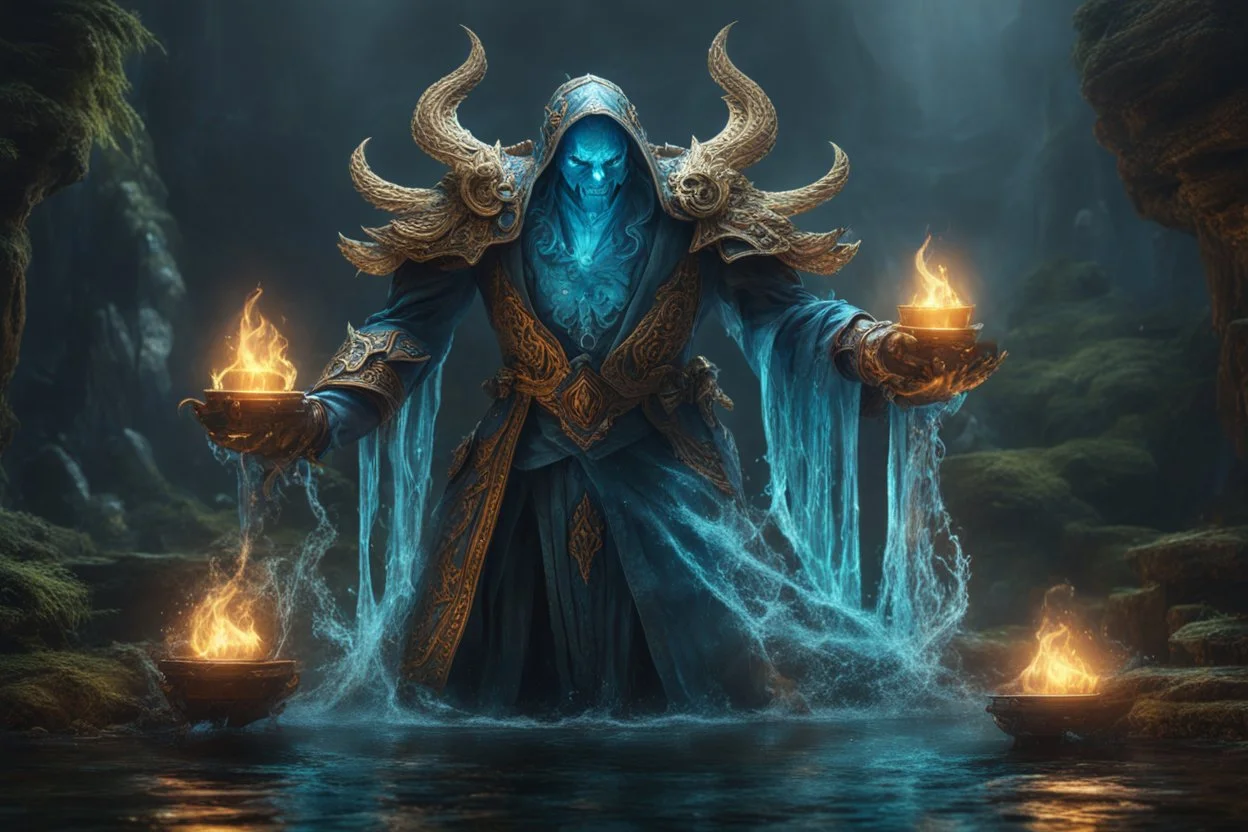 an ancient lich summoning a water elemental. gloves. empty sockets. fantasy concept art, exquisite realism, a masterpiece, dynamic lighting, hyper detailed, intricately detailed, deep color, Unreal Engine, volumetric lighting , Epic cinematic brilliant stunning intricate meticulously detailed dramatic atmospheric maximal,