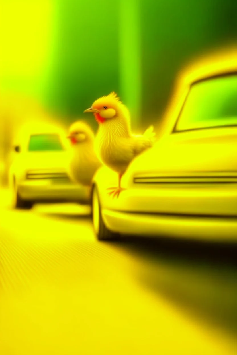 yellow young chickens in a car race, high speed, motion blur, smoke, 4k, downlight, soft light, depth of field, photorealism, trending on art station