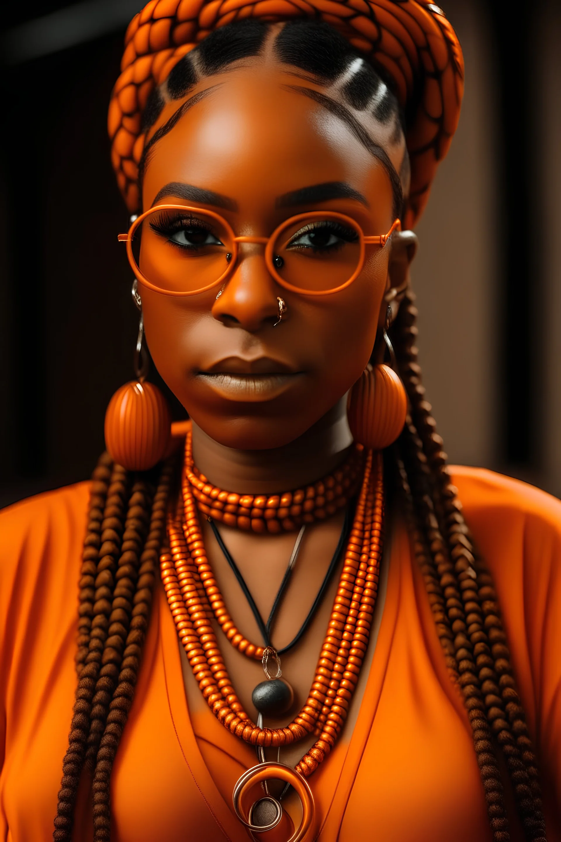 Black woman with braids, wearing orange wears, wearing a necklace with the all-seeing eye