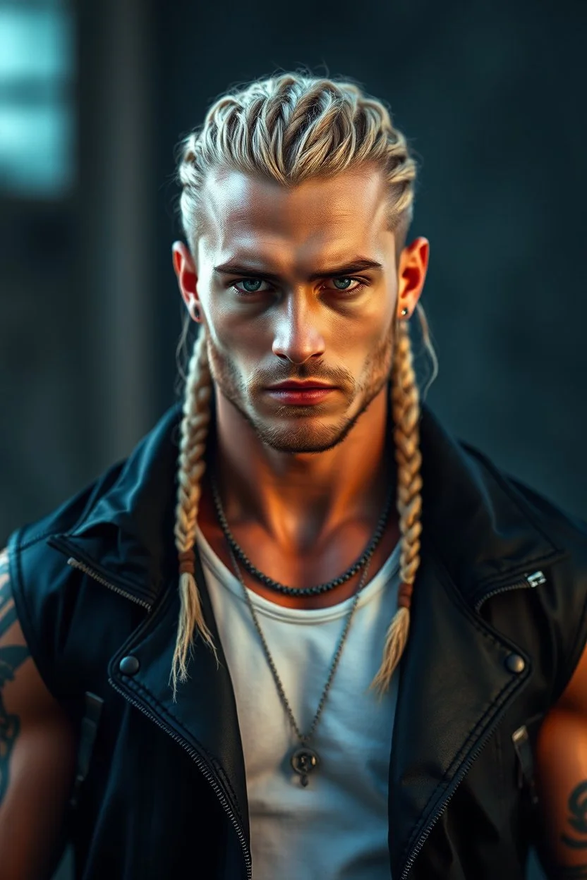 photorealistic, 4k, hyperdetailed portait of 28-year-old german muscular male, with long blonde braided and undercut hair, modern clothing, modern fantasy