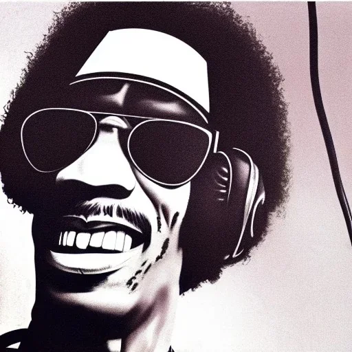 a realistic portrait of Jimi Hendrix at a turntable with headphones on being a DJ, vivid color, with sunglasses