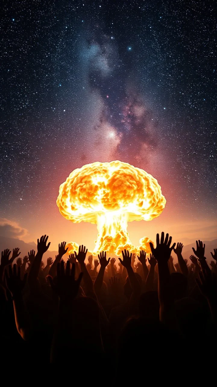 A field of random scared people rising hands up surrounded , at the end of the picture the universe with stars sky background with a huge nuke explosion behind the explosion