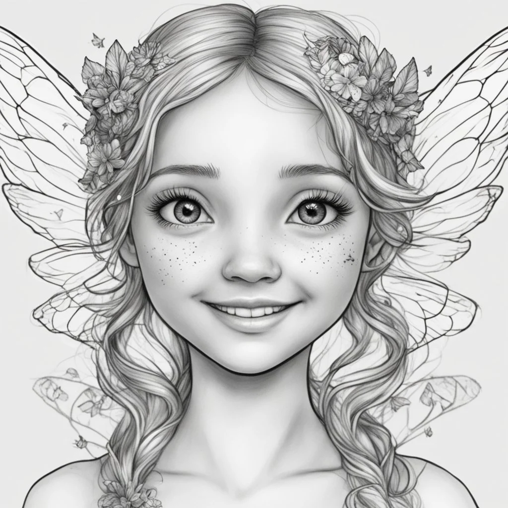 realistic FAIRY, adult, face view, cute, smile, beautiful, full view, realistic, coloring page, only draw lines, coloring book, clean line art, wildlife-inspired, kid style, –no sketch, color, –ar 3:4, white background, minimalistic black lines, 8k, minimal black color, low level black colors, coloring page, use pure black and white colors, avoid thick black colors, thin black line art, avoid colors, perfect shape, perfect clear lines, clear edges,