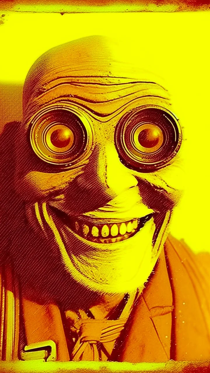 An old picture style of brown and white face of an evil mono very bad quality looks very old camera picture with cracks a face very ugly with h big wired eyes and devilish smile looks looking at you , year 1900