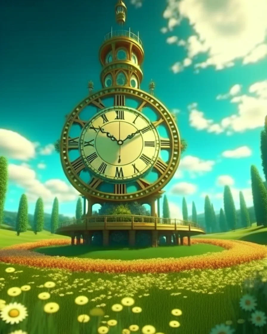 Create a 3d fractal base huge clock on a beautiful tower in a modern town with country houses and green field flowers , with see throgh golden gears rotating , showcasing a harmonious and synchronized movement. fast time passing in a beautiful nature environment