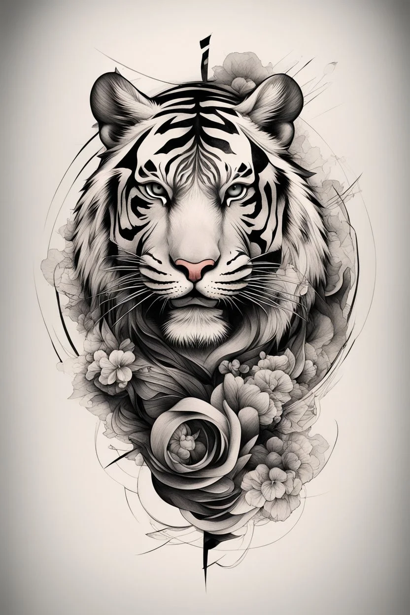 Create a captivating modern 2d ink tattoo design for print , prestigious Divine Tiger using the elegant influences of japan art style, for print, dynamic elements from fashion and design, and bold Japanese contemporary art aesthetics, framing centered in the center, distanced from the edges of the paper perimeter, perfect anatomy, bauhaus, Divine Proportion,