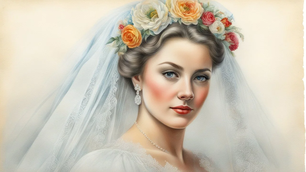 old postcard, white background, bride, colored pencil drawing, 3d, 64k, high resolution, high detail, computer graphics, hyperrealism, f/16, 1/300 sec. digital painting, double exposure,