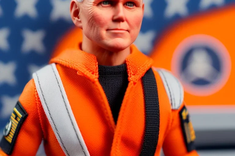 Mike pence G.i. Joe toy doll space force uniform inside a blister package hanging on A rack in toystore, fluorescent orange, wide angle shot whole body, black moonboots, $22.99