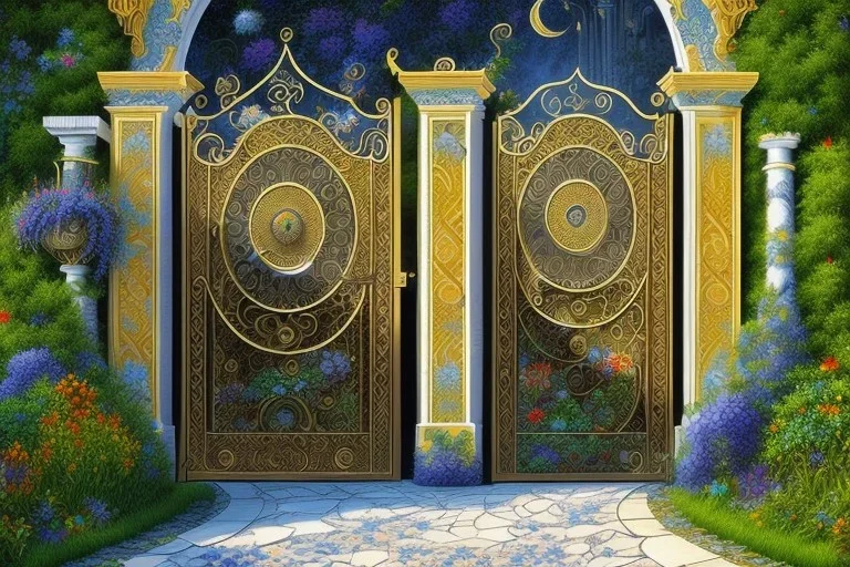 intricate ornate gate, garden, path, flowers, fine detail, high quality, Lyrical Abstraction