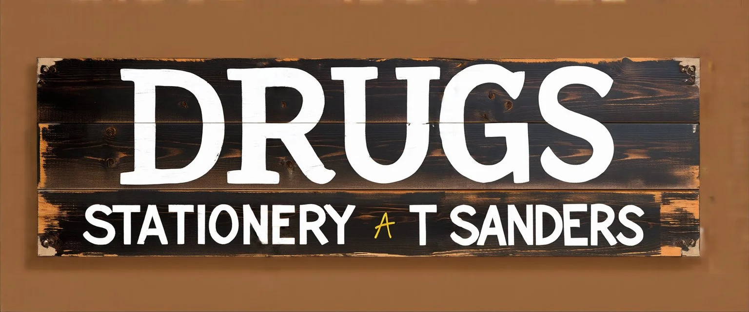 a hand painted sign on dark painted wood planks, first line says "DRUGS", second line (Smaller) says "STATIONERY T SANDERS", on a brown background