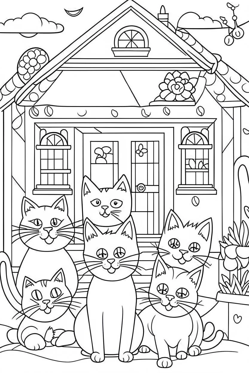 coloring page for kids, Cats in the house, cartoon style, thick lines, low detail, no shading