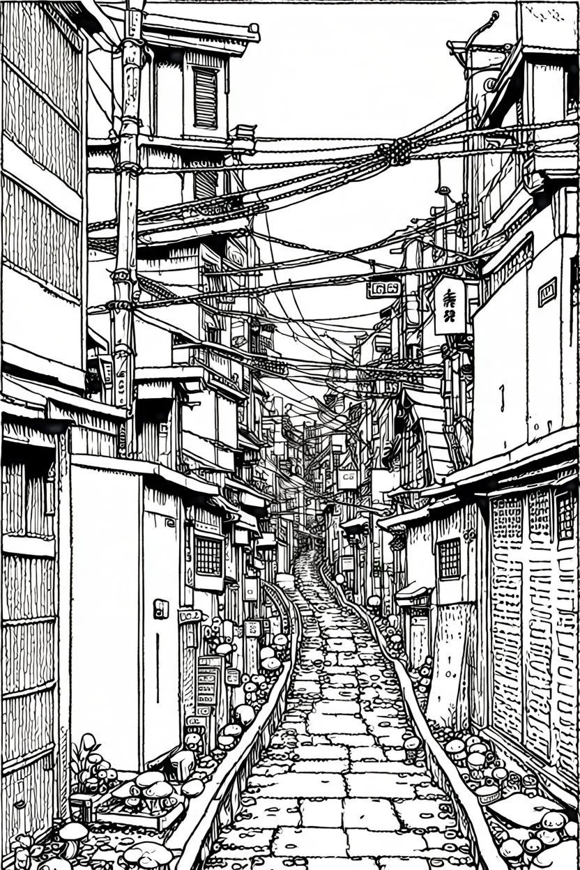 Poor neighborhood Tokyo, line arts, manga style