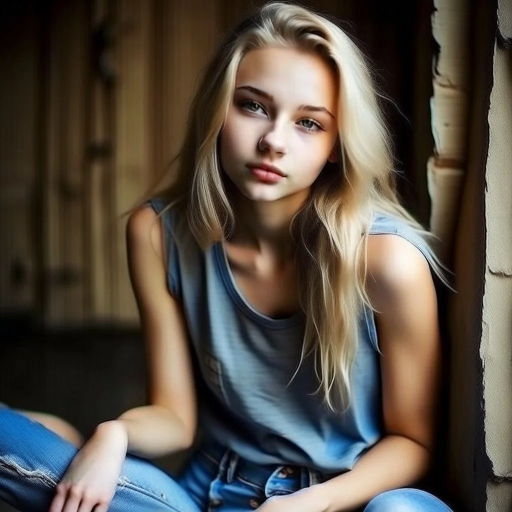 pretty girl, aged 14, blonde, conventionally attractive, dreamy, jeans, tight top