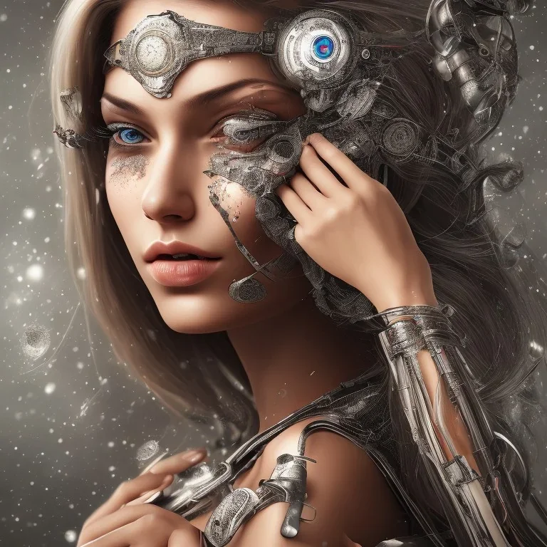 wonderfull brazilian woman, curves, cyborg, platinum long hair, hair covering one eye, ultradetailed fine art photo of a indian, weet face portrait, snow flakes particles, 35 mm