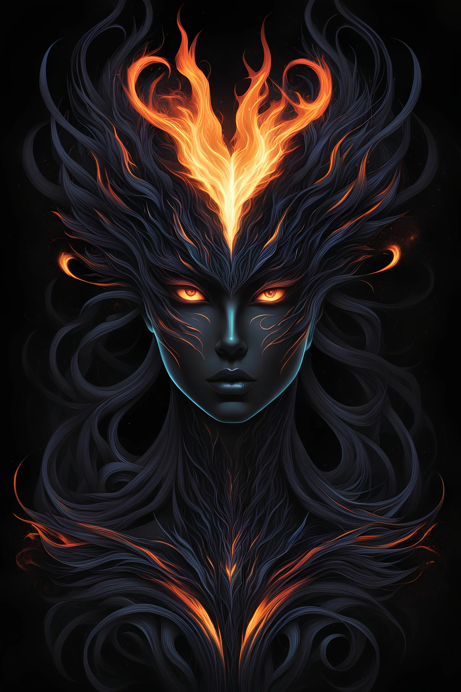 Captivating minimalist illustration of cosmic Dragman, made up of intricately intertwined black flames. Her intense, bright eyes draw the viewer into her mesmerizing gaze, the pulsing energy of each flame creating a euphoric symphony within the heart. Dark background,the bright striped tail adds depth and dimension to the scene,evoking a feeling of dark fantasy, intriguing and mysterious aura. Vector pop art cinematic piece masterfully combines light and shadow, leaving the viewer in awe.Full bo