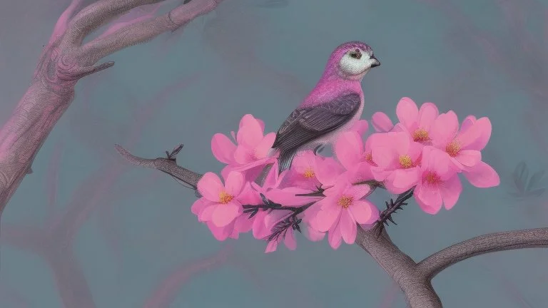 A bird drawing in a tree with a lot of pink flowers.