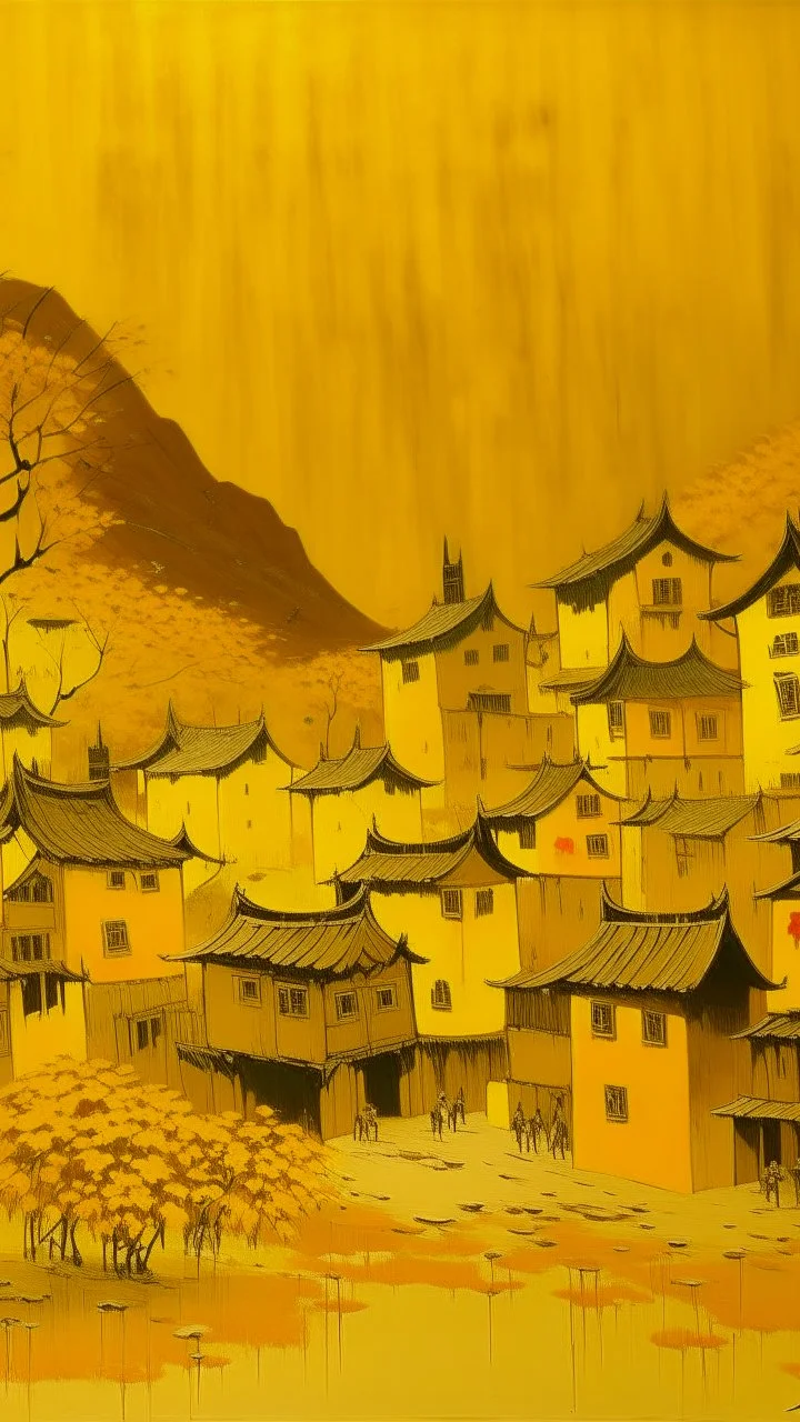 A golden yellow Japanese village with mystic clocks painted by Clyfford Still