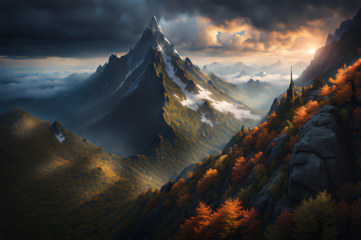 a lonely steep massiv mountain reaching into the clouds. On top of the mountain is a needle thin tower. fantasy concept art, exquisite realism, a masterpiece, dynamic lighting, hyper detailed, intricately detailed, deep color, Unreal Engine, volumetric lighting , Epic cinematic brilliant stunning intricate meticulously detailed dramatic atmospheric maximal,