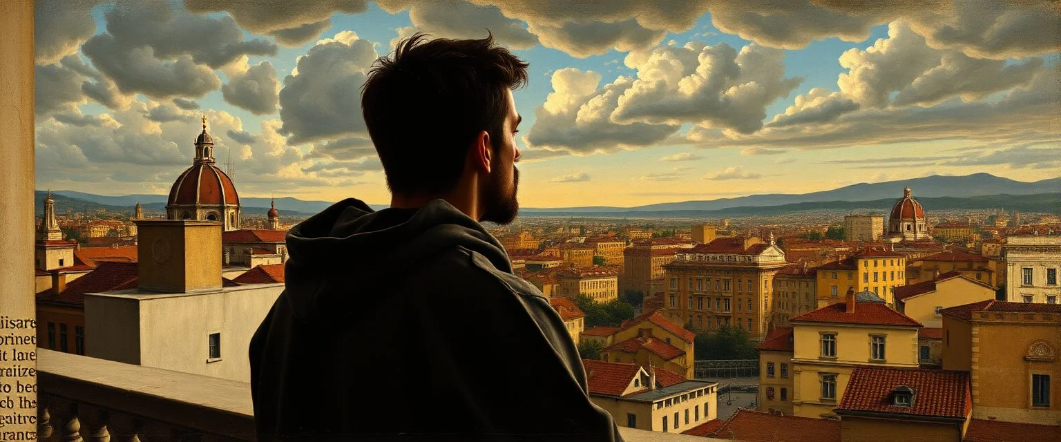 man in a hoodie watching the city from the balcony painted by Caravaggio