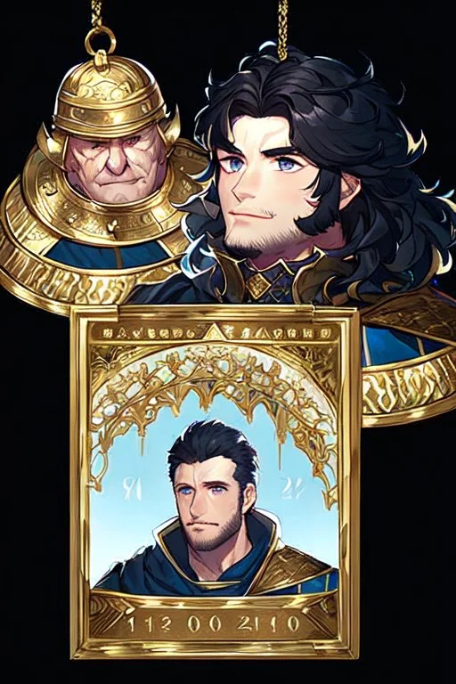 A handsome 30 year old knight, black hair, dark blue eyes, wavy haircut, in black-and-gold plate armor, no beard, european, portrait