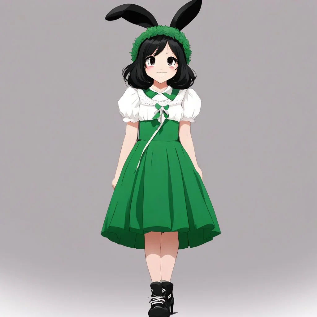 louiseb, bunny hat, 1girl, green dress, solo, black hair, smile, black footwear, short sleeves,looking at viewer, smile,black eyes,looking to the side,crossed arms