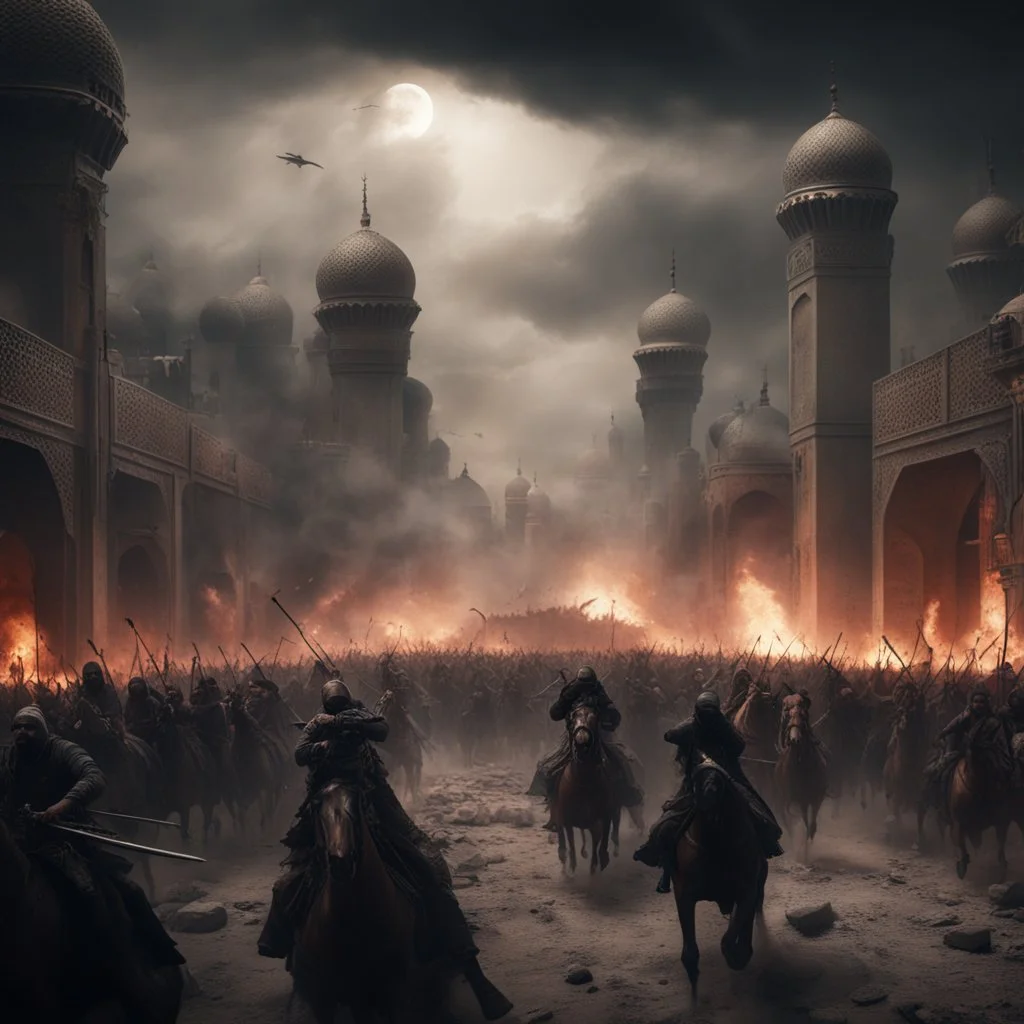 Hyper Realistic Karbala War with dramatic, dark & cinematic ambiance.