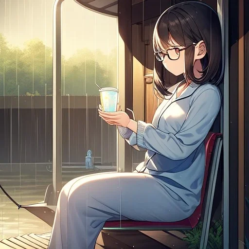 anime girl sitting on a porch swing of an old house, journaling, wearing pajamas, drinking a cup of coffee, writing in a book, shes watching it rain, more detail on hands and her face,shes deep in her thoughts, wearing glasses, rain drops