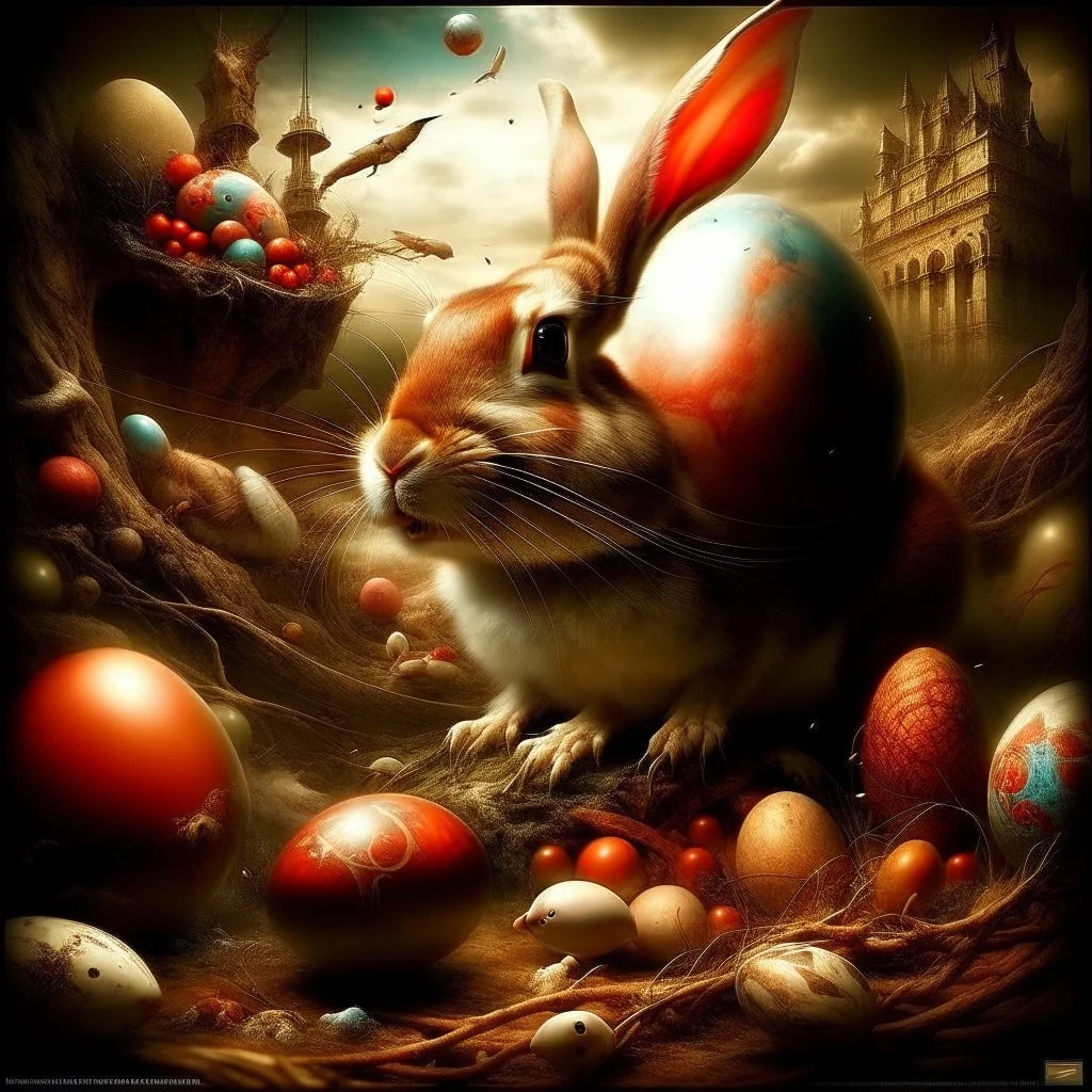 Metaphysical art, Easter eggs and rabbit, in the style of Hieronymus Bosch, by Antonio Mora, by Patrice Murciano Modifiers: oil on canvas ultra detailed earth tones red tones decadence harsh light Mark Heine Double Exposure Effect metal paints