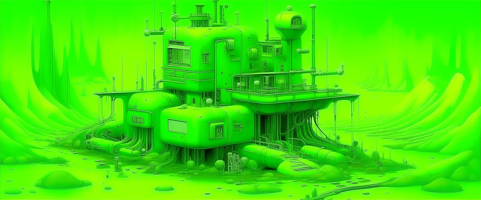 A lime green tiny cybernetic realm painted by Jeffrey Kolker