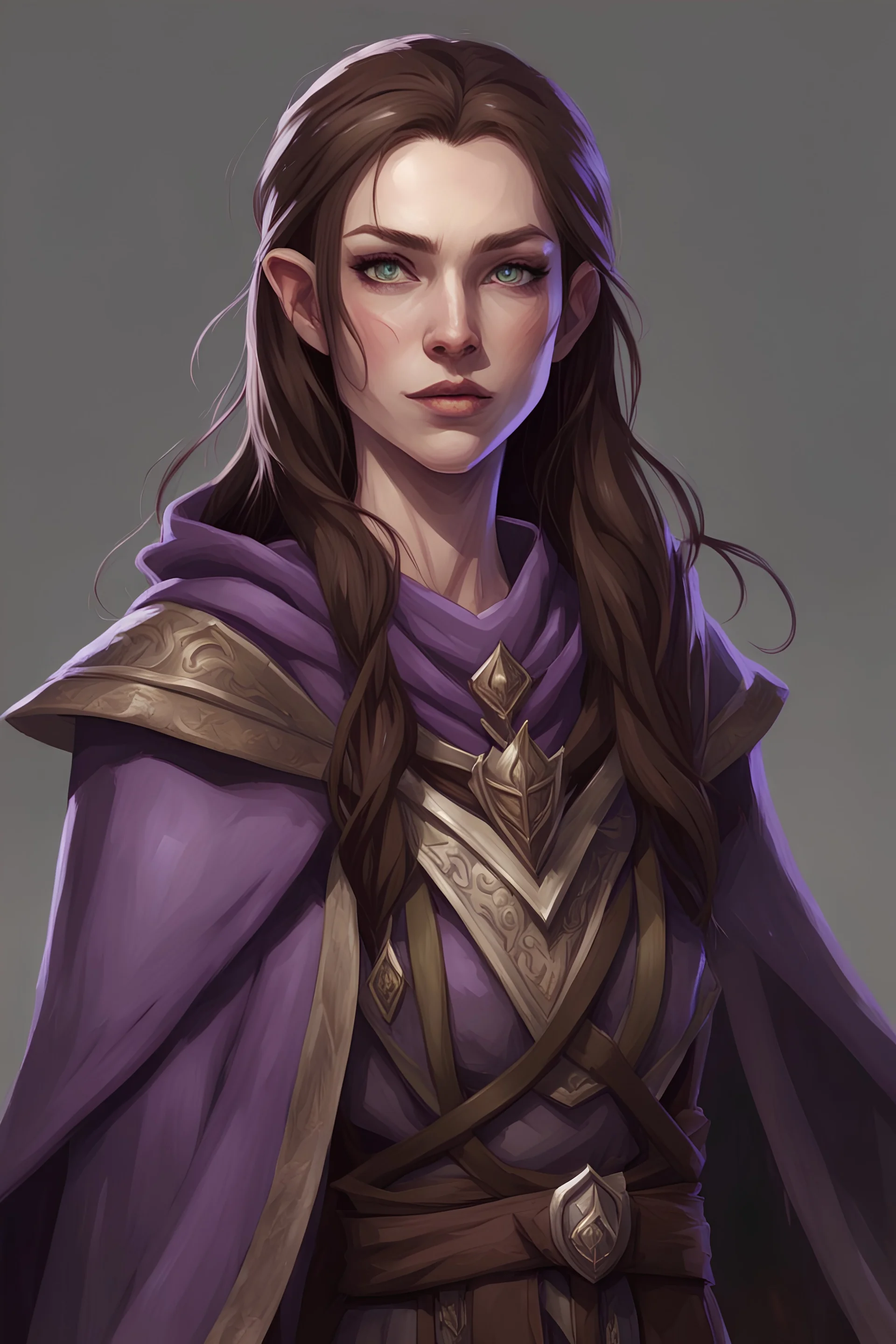 cahotic neutral charismatic Wood Elf Bard Female with pale skin and very sharp features, long brown hair, wearing a purple vest and brown adventurer's cloak with a smug face.