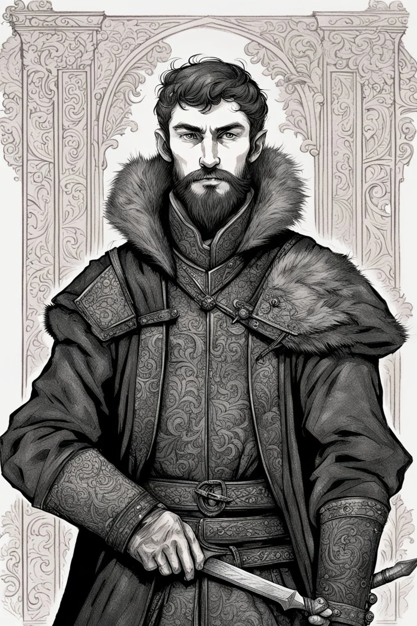 man, age 20, medieval, fighter, russian, croocked nose, czar, rich, simple clothes, short messy hair, thick beard, oligarch, leather coat with fur, brocade clothes, pencil drawing, black or red hair