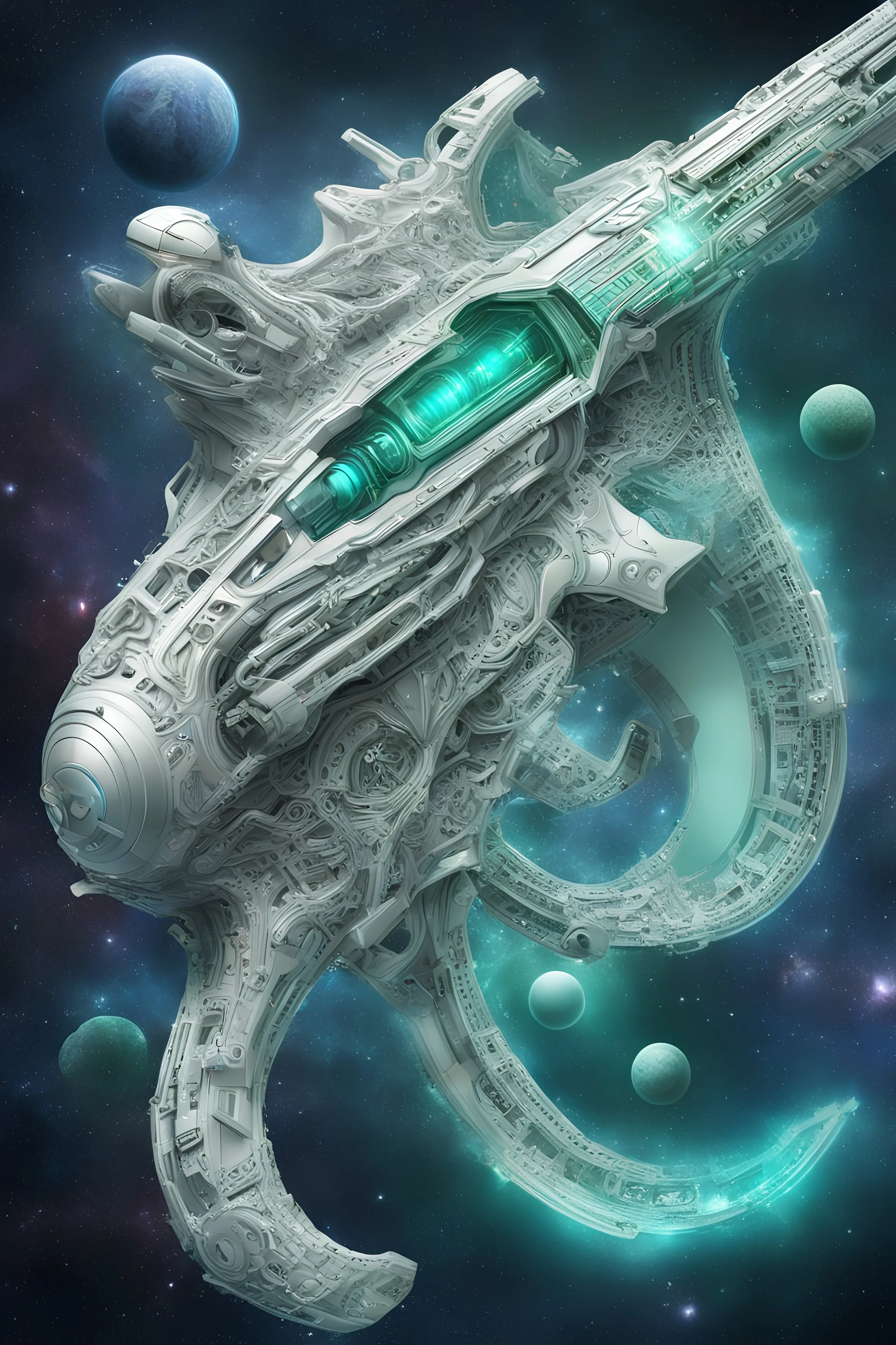 futuristic spacerifle, AR15 style, photorealistic, intricate design with alienreliefs, heroic, fun, silver, neongreen and neonblue mixed, space background with planet